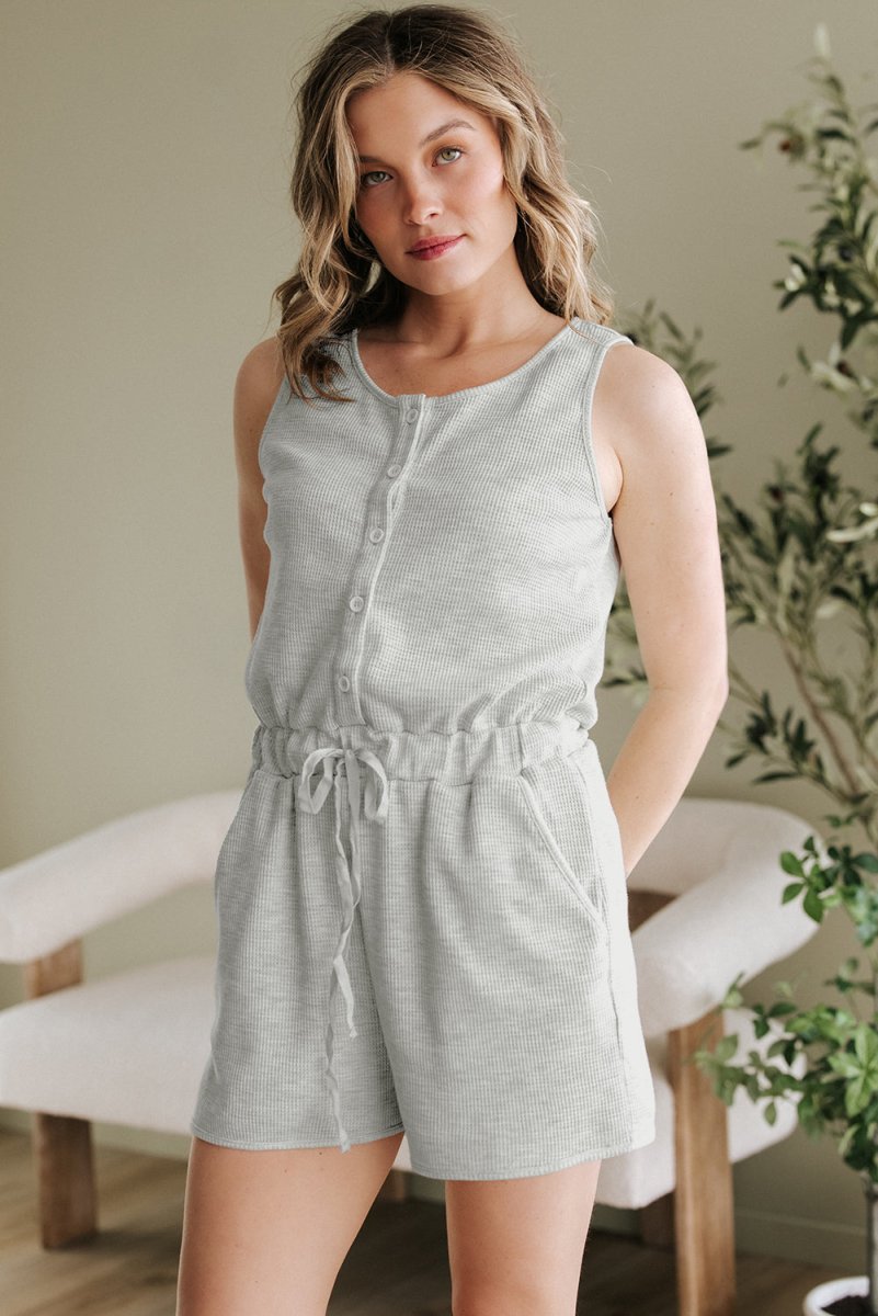 Light Grey Waffle Knit Sleeveless Buttoned Front Drawstring Waist Romper - Love Salve
